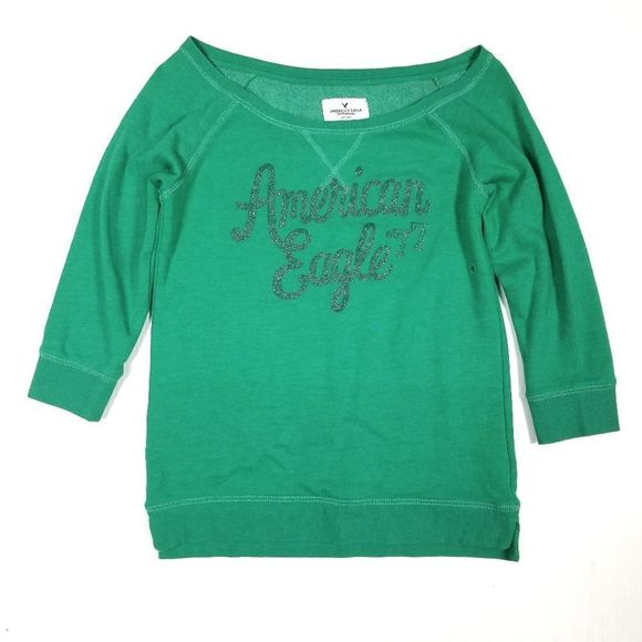 American Eagle Outfitters Tops - American Eagle Green Logo Boat Neck Sweatshirt